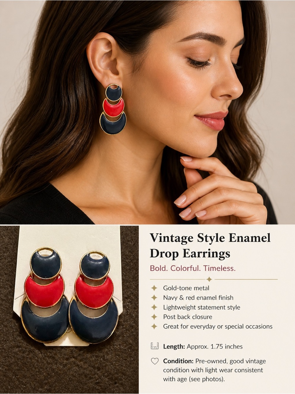 Vintage Style Red & Navy Enamel Drop Earrings Bold Retro Color Block Jewelry
